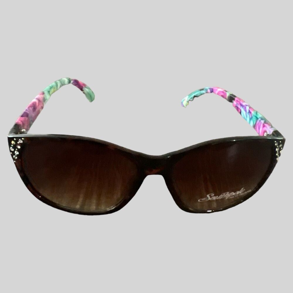 Southpole Shield Sunglasses Brown Lens Floral Arms Rhinestone Detail Y2K